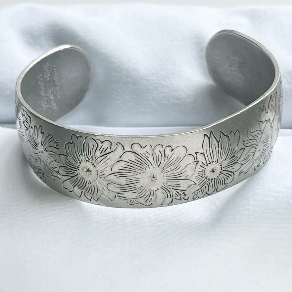 Floral Daisy Engraved Pewter Cuff Bracelet